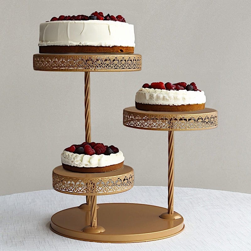 3-Tier Gold Metal Round Hollow Lace Design Cake Stand