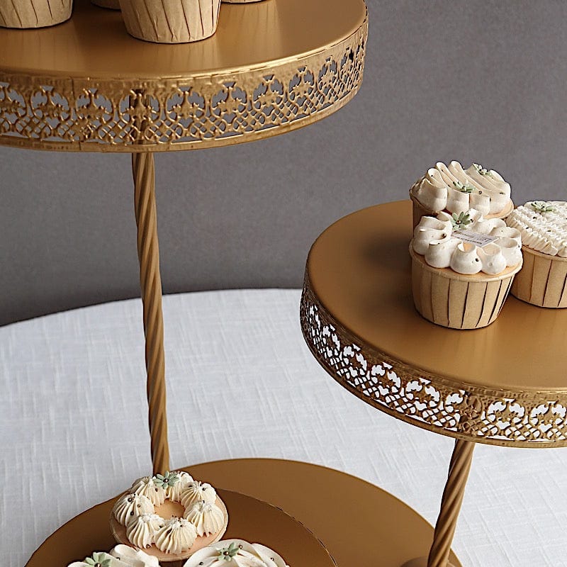 3-Tier Gold Metal Round Hollow Lace Design Cake Stand