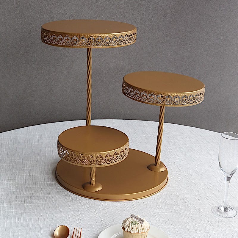 3-Tier Gold Metal Round Hollow Lace Design Cake Stand