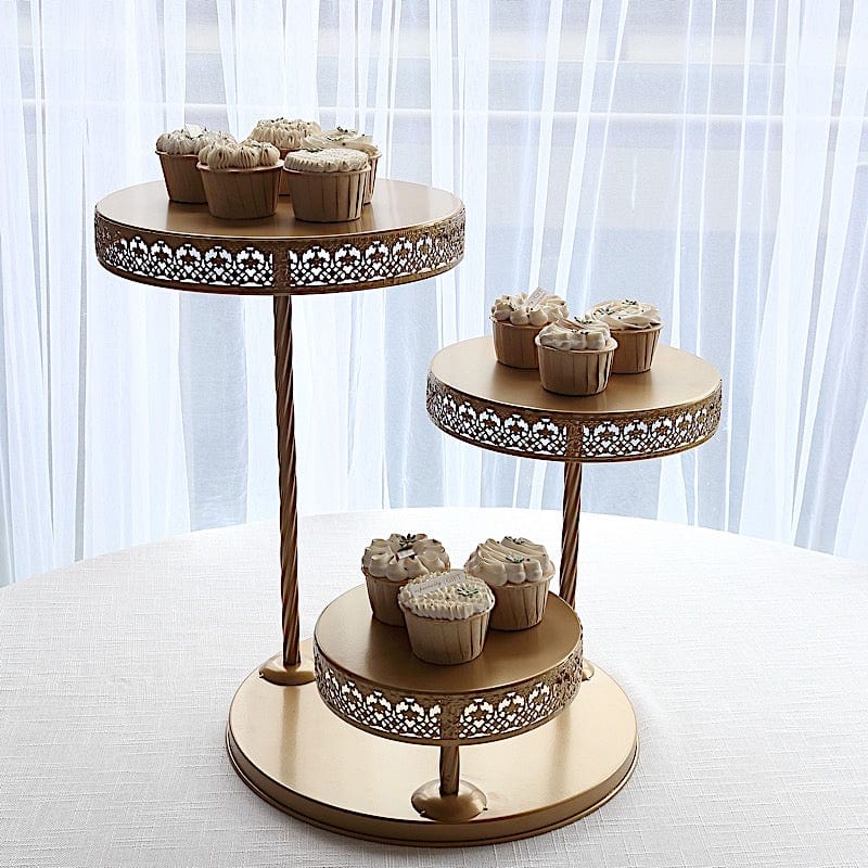 3-Tier Gold Metal Round Hollow Lace Design Cake Stand