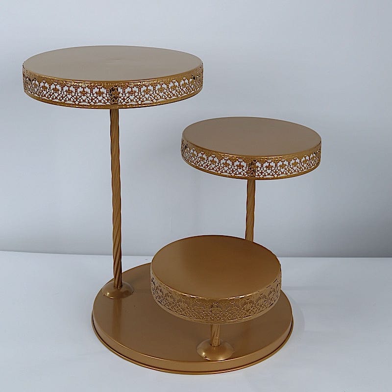 3-Tier Gold Metal Round Hollow Lace Design Cake Stand