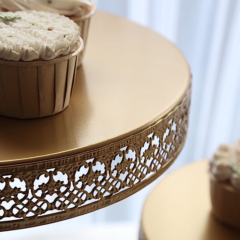 3-Tier Gold Metal Round Hollow Lace Design Cake Stand