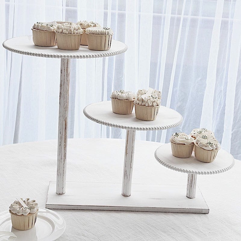 3-Tier Whitewash Wooden Cake Stand with Round Beaded Rim Trays