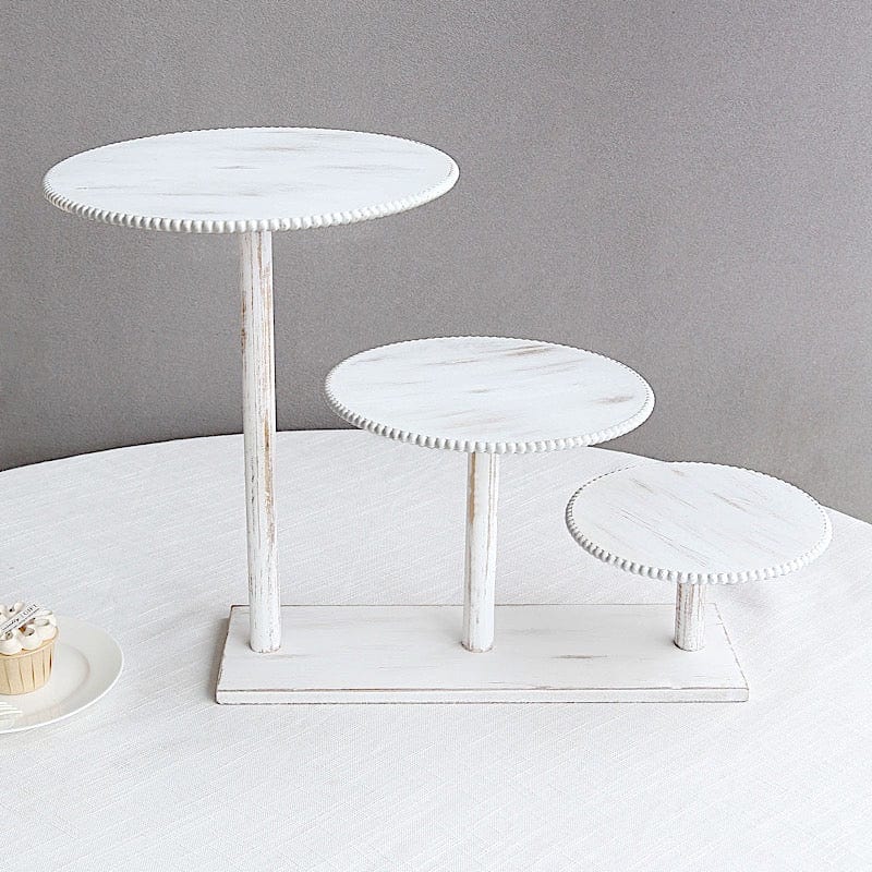 3-Tier Whitewash Wooden Cake Stand with Round Beaded Rim Trays