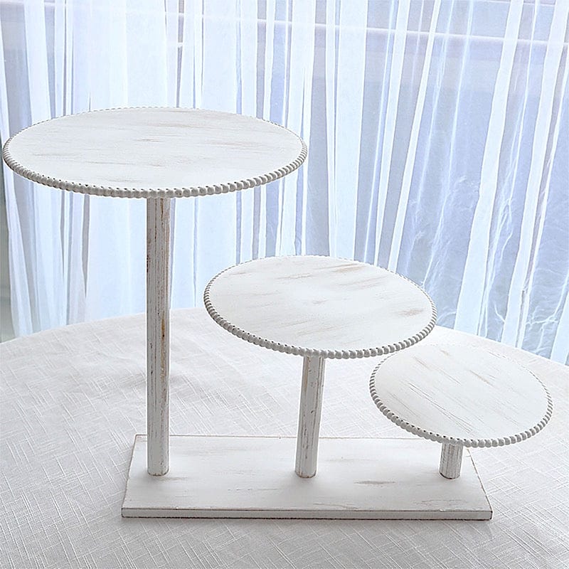 3-Tier Whitewash Wooden Cake Stand with Round Beaded Rim Trays