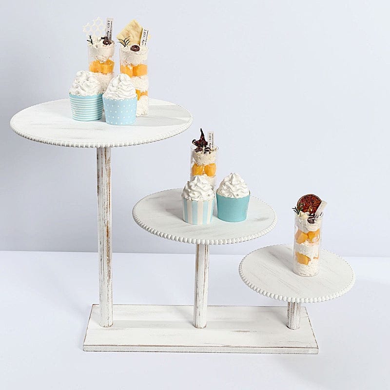 3-Tier Whitewash Wooden Cake Stand with Round Beaded Rim Trays