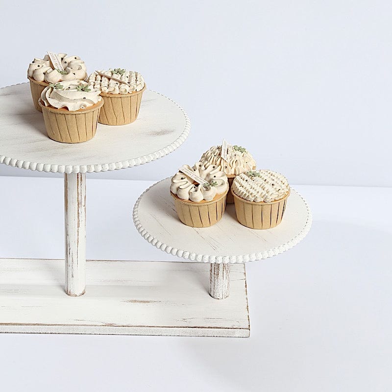 3-Tier Whitewash Wooden Cake Stand with Round Beaded Rim Trays