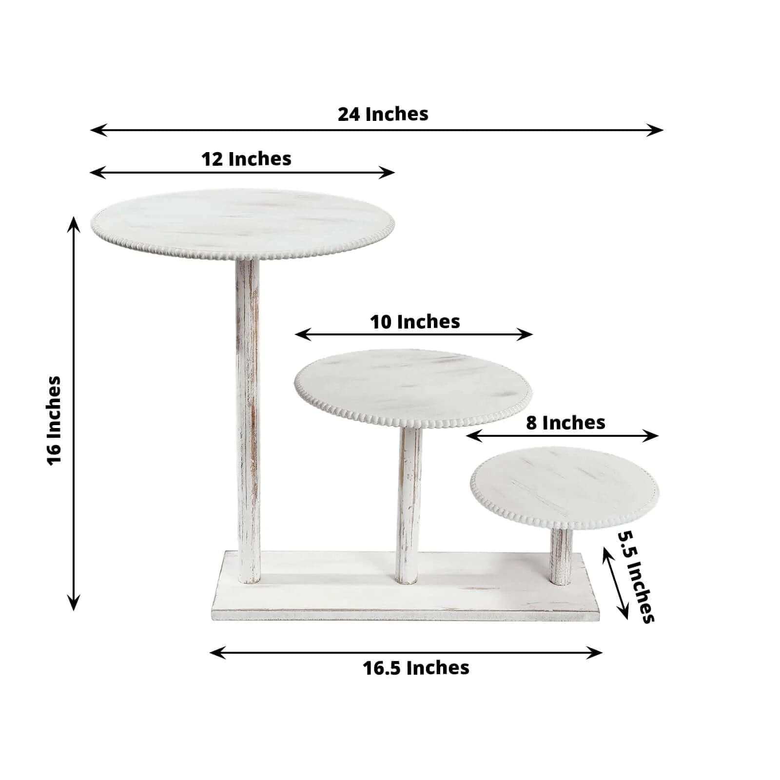 3-Tier Whitewash Wooden Cake Stand with Round Beaded Rim Trays