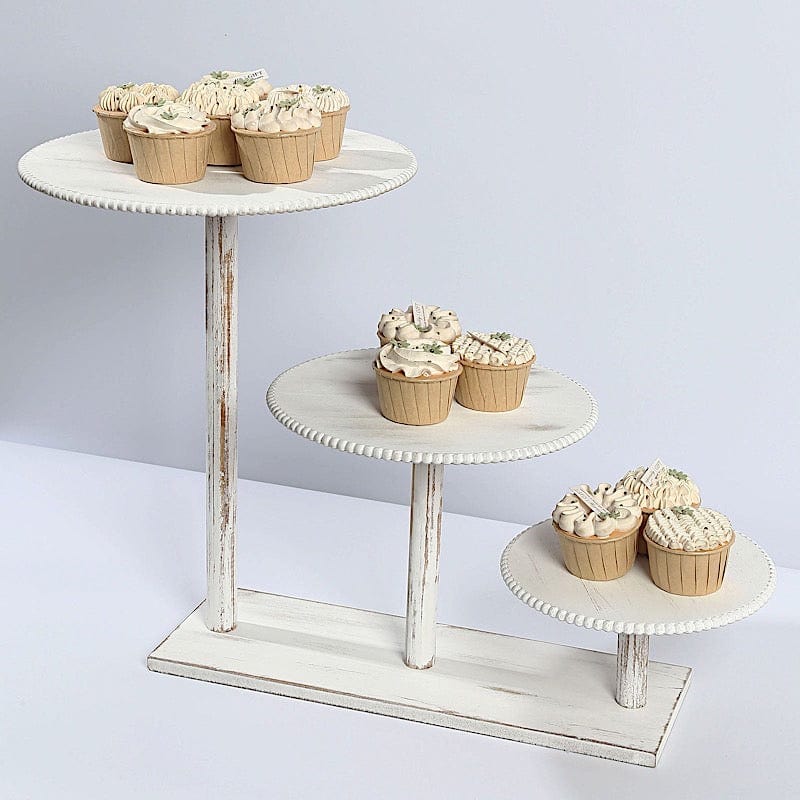 3-Tier Whitewash Wooden Cake Stand with Round Beaded Rim Trays