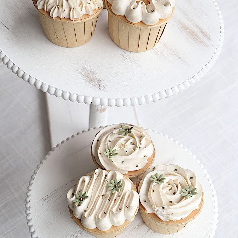 3-Tier Whitewash Wooden Cake Stand with Round Beaded Rim Trays