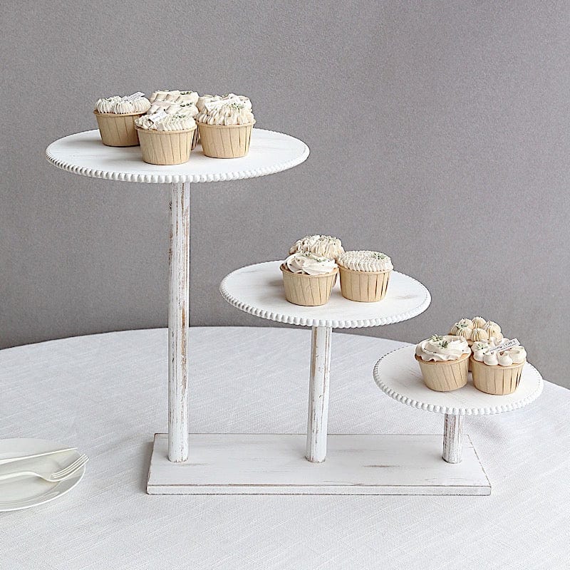 3-Tier Whitewash Wooden Cake Stand with Round Beaded Rim Trays