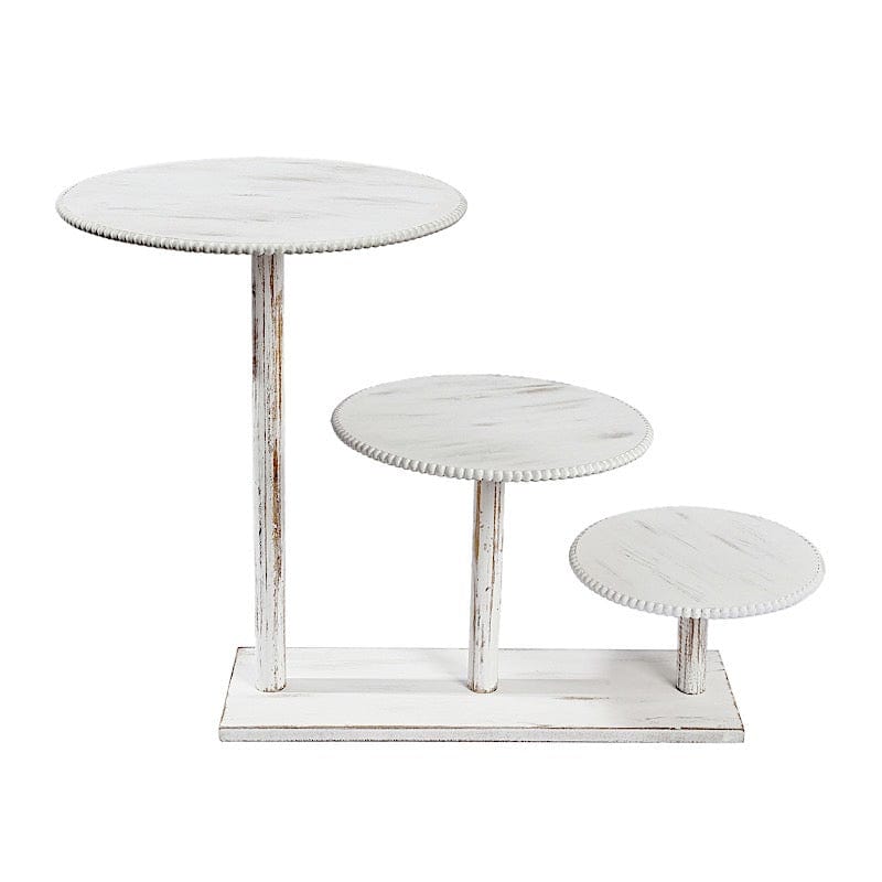 3-Tier Whitewash Wooden Cake Stand with Round Beaded Rim Trays