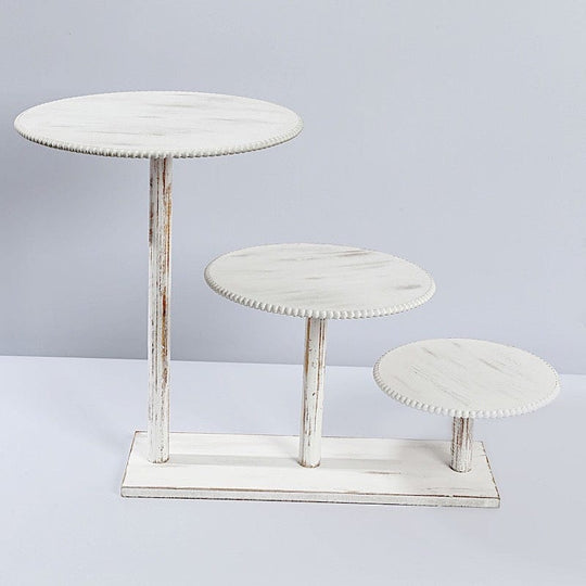 3-Tier Whitewash Wooden Cake Stand with Round Beaded Rim Trays