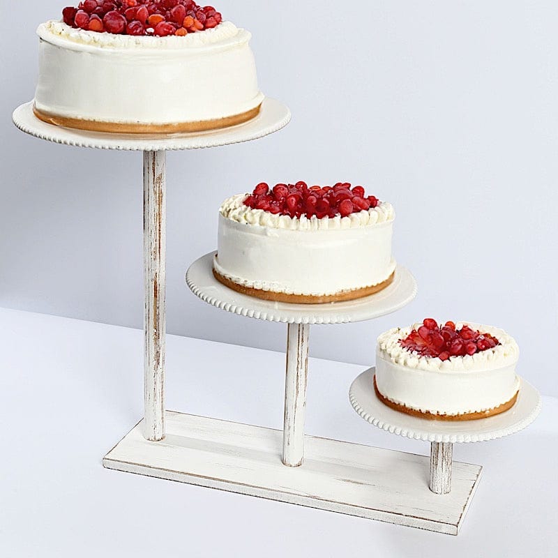 3-Tier Whitewash Wooden Cake Stand with Round Beaded Rim Trays