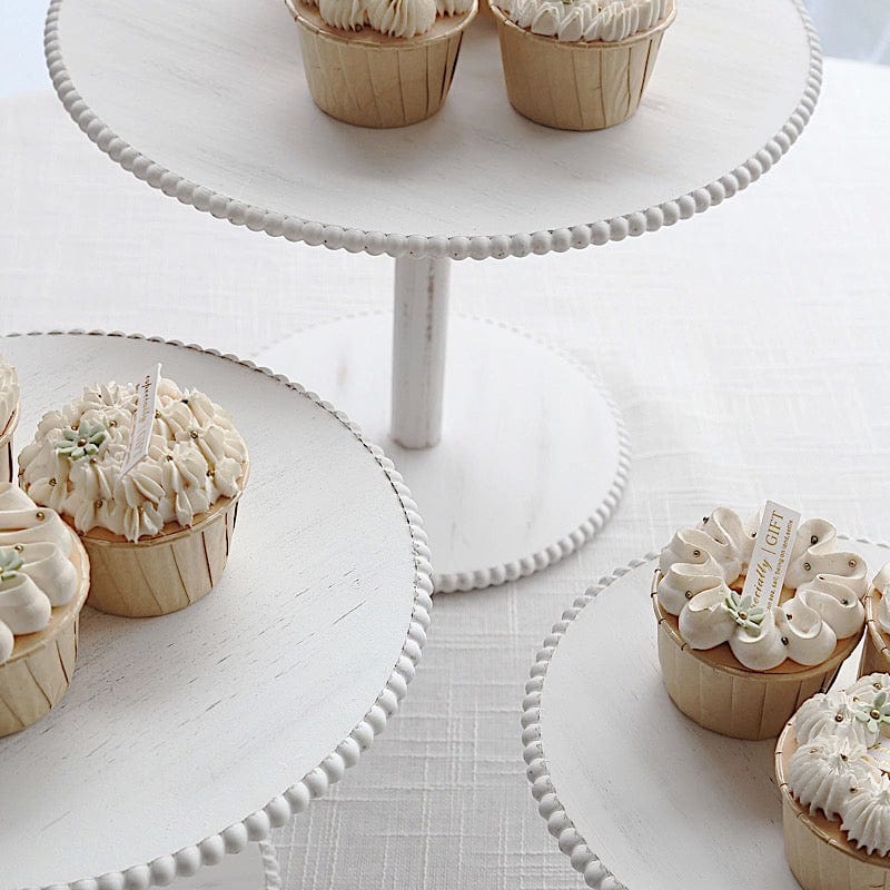 3 Whitewash Wooden Pedestal Cake Stands with Round Beaded Rim Trays