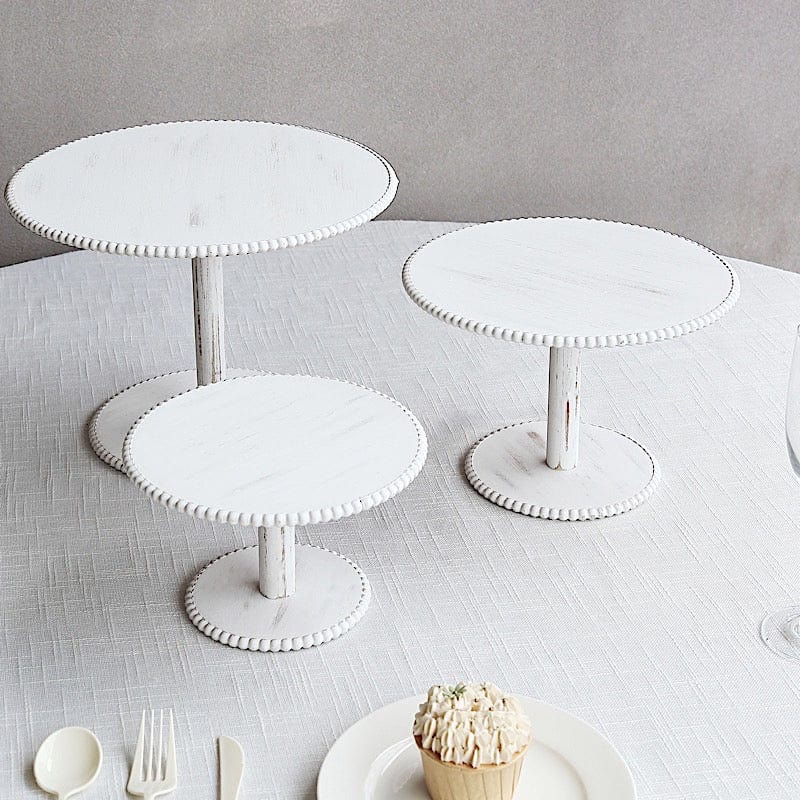 3 Whitewash Wooden Pedestal Cake Stands with Round Beaded Rim Trays