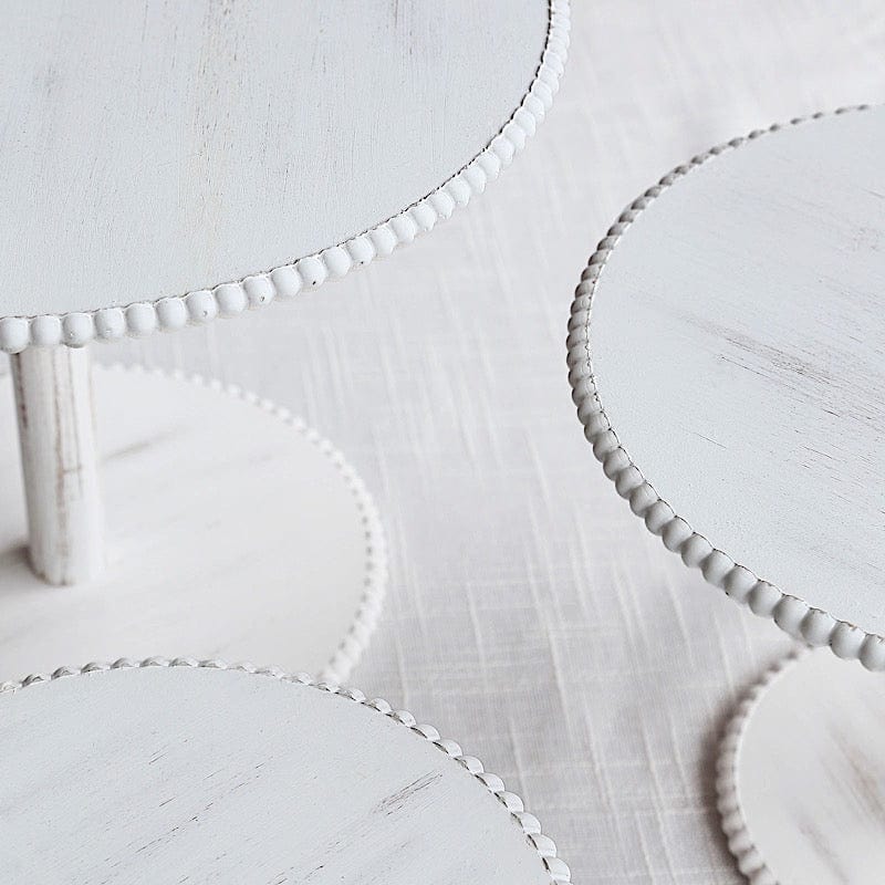 3 Whitewash Wooden Pedestal Cake Stands with Round Beaded Rim Trays