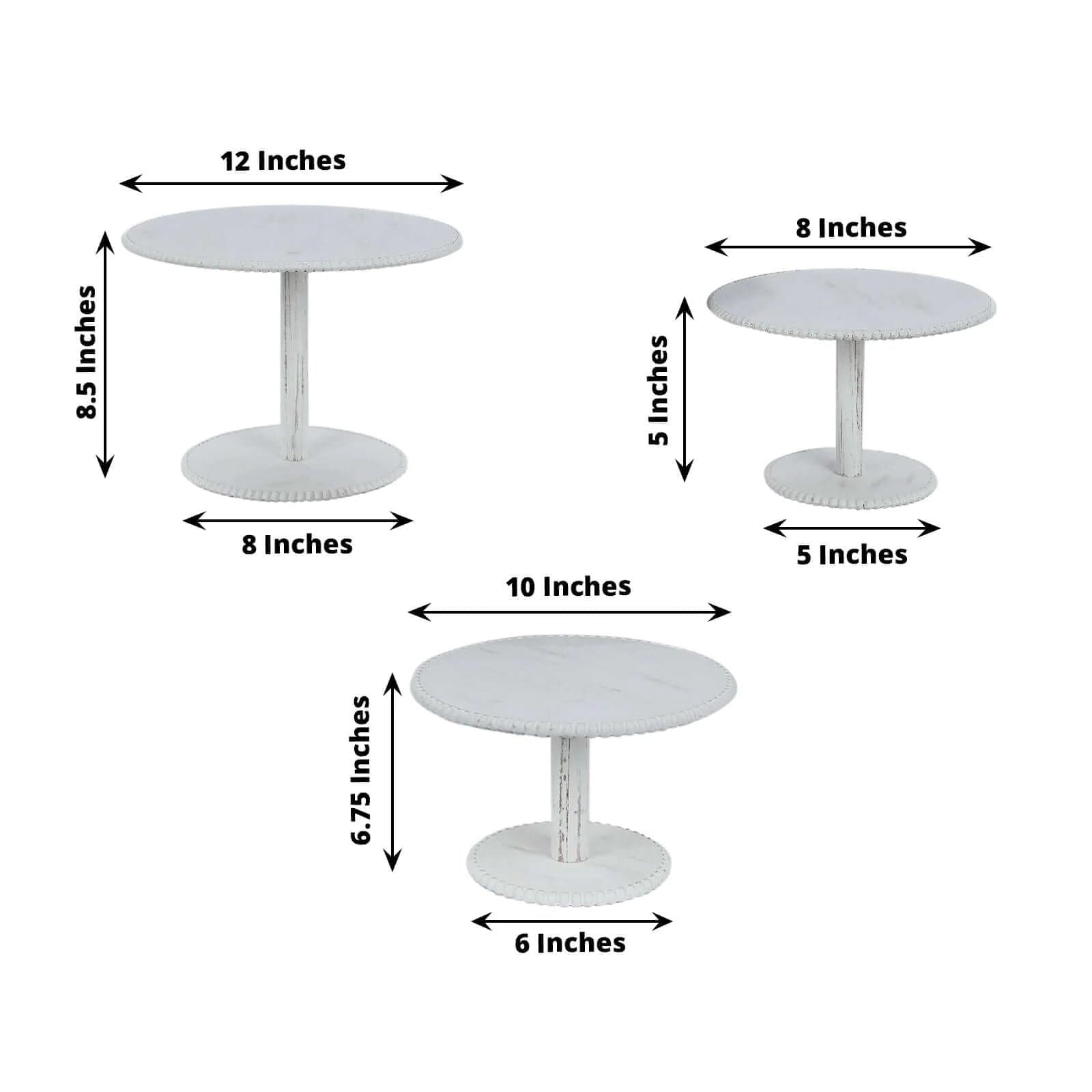 3 Whitewash Wooden Pedestal Cake Stands with Round Beaded Rim Trays