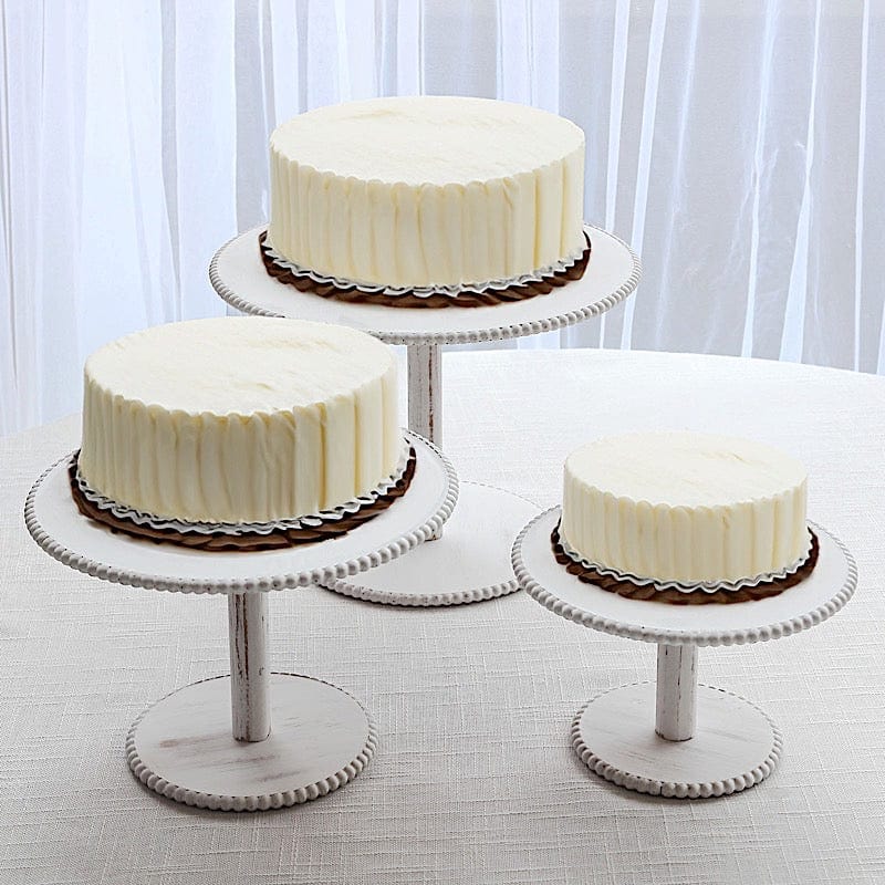 3 Whitewash Wooden Pedestal Cake Stands with Round Beaded Rim Trays