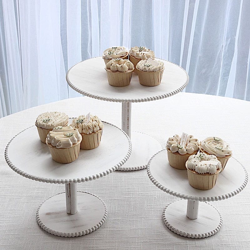 3 Whitewash Wooden Pedestal Cake Stands with Round Beaded Rim Trays