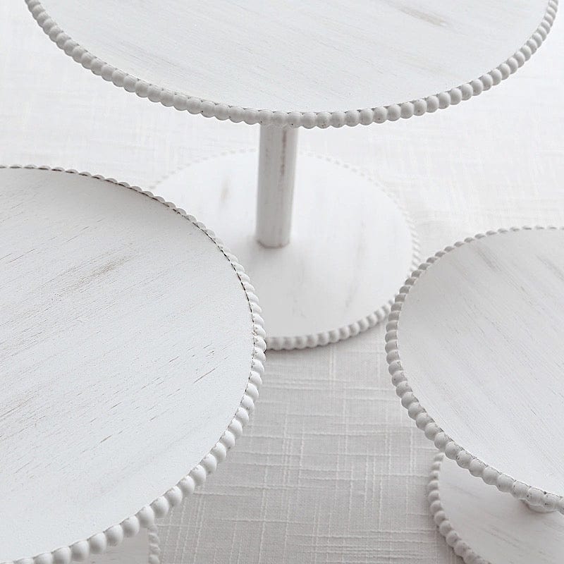 3 Whitewash Wooden Pedestal Cake Stands with Round Beaded Rim Trays