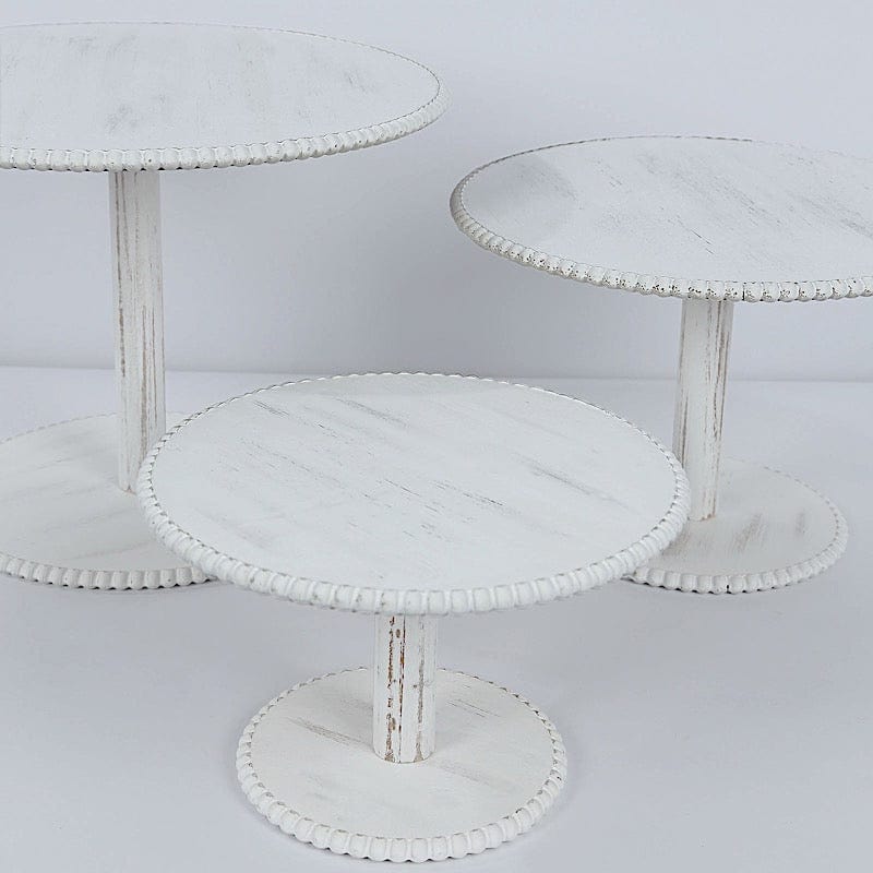 3 Whitewash Wooden Pedestal Cake Stands with Round Beaded Rim Trays