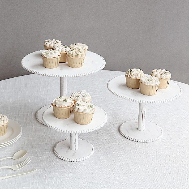 3 Whitewash Wooden Pedestal Cake Stands with Round Beaded Rim Trays