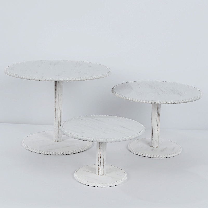 3 Whitewash Wooden Pedestal Cake Stands with Round Beaded Rim Trays