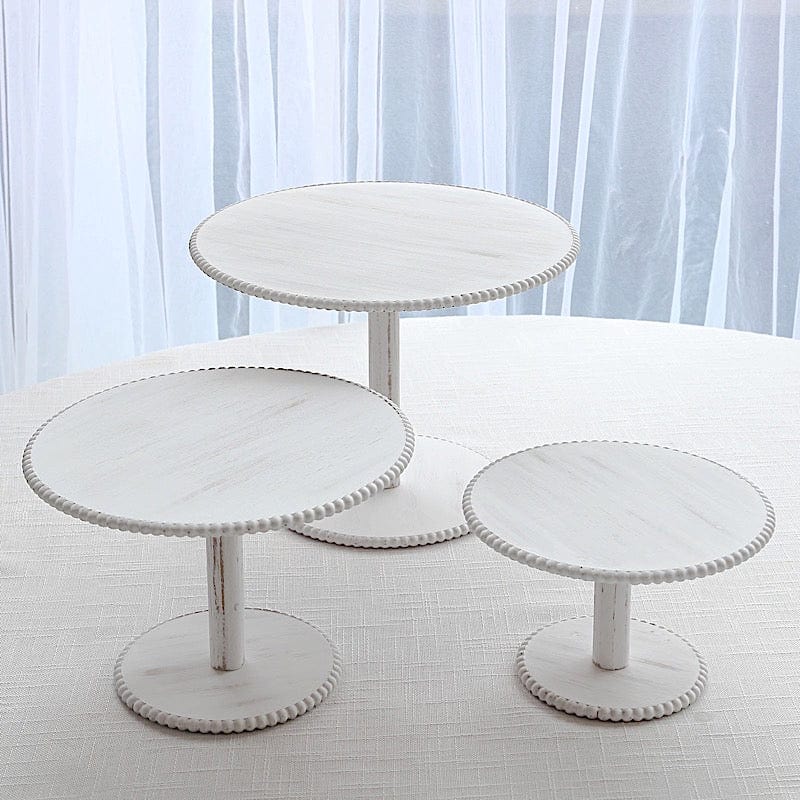 3 Whitewash Wooden Pedestal Cake Stands with Round Beaded Rim Trays