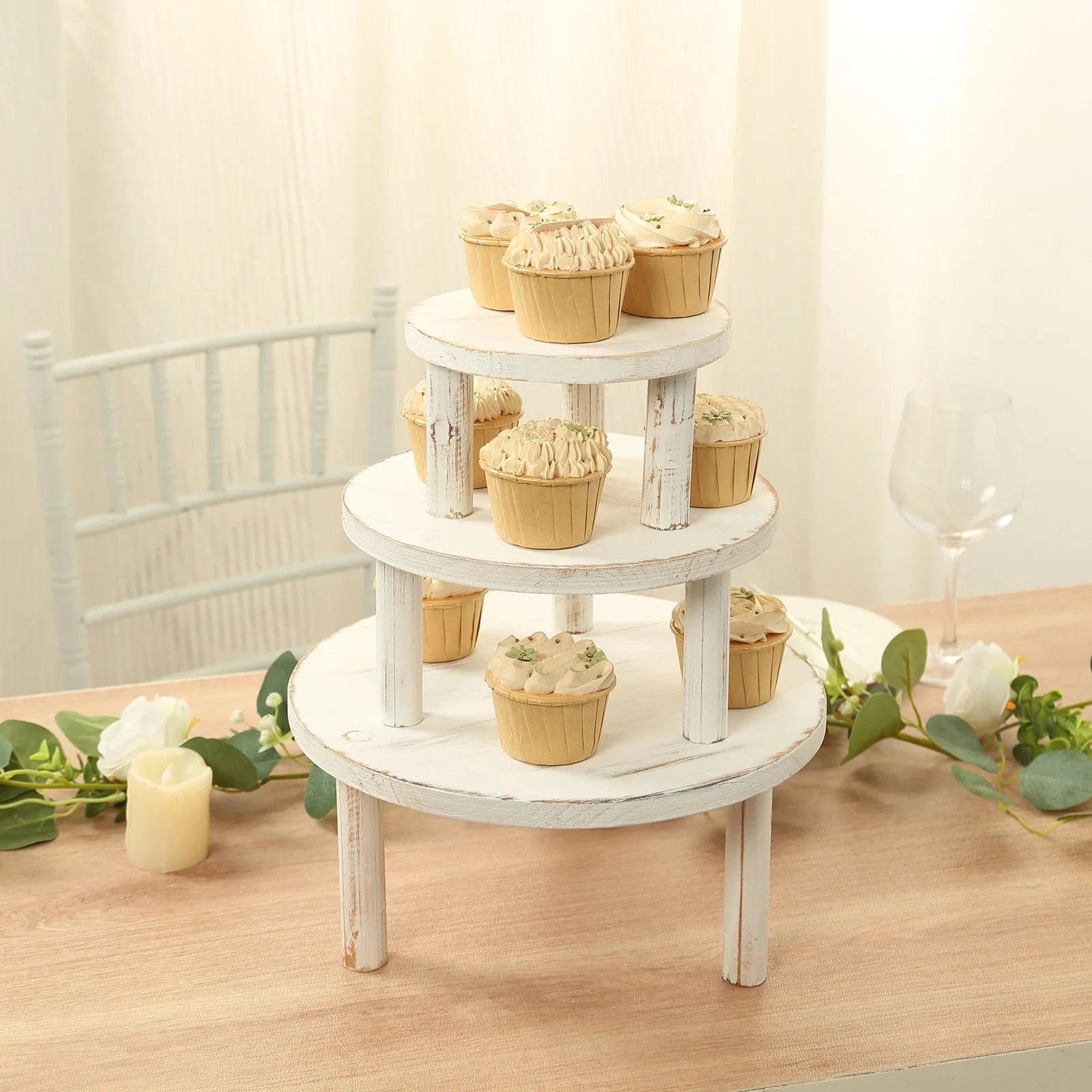 3 Whitewash Wooden Pedestal Cupcake Display Stands with Removable Legs