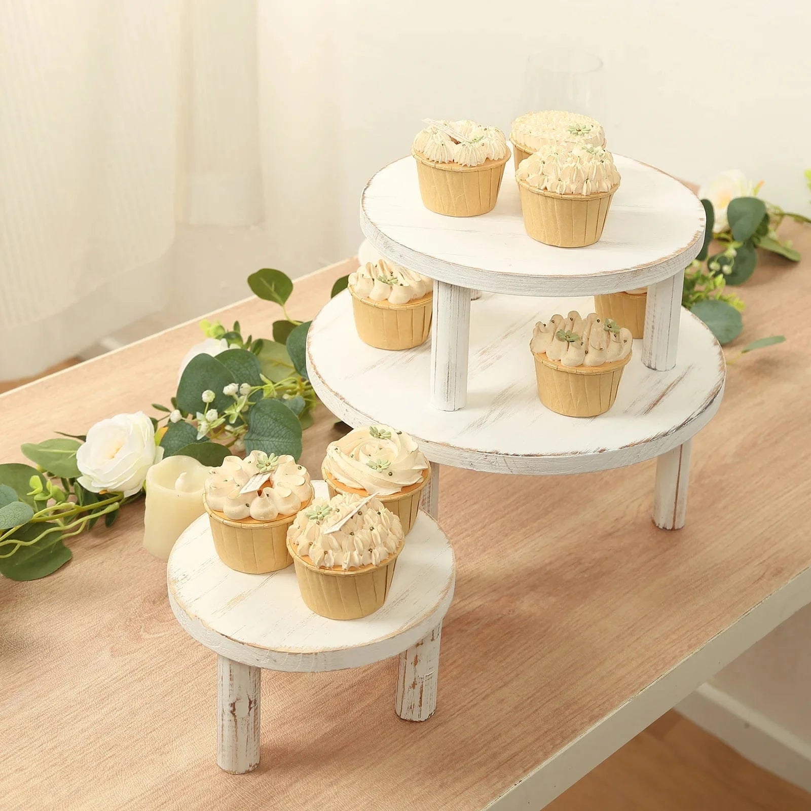 3 Whitewash Wooden Pedestal Cupcake Display Stands with Removable Legs
