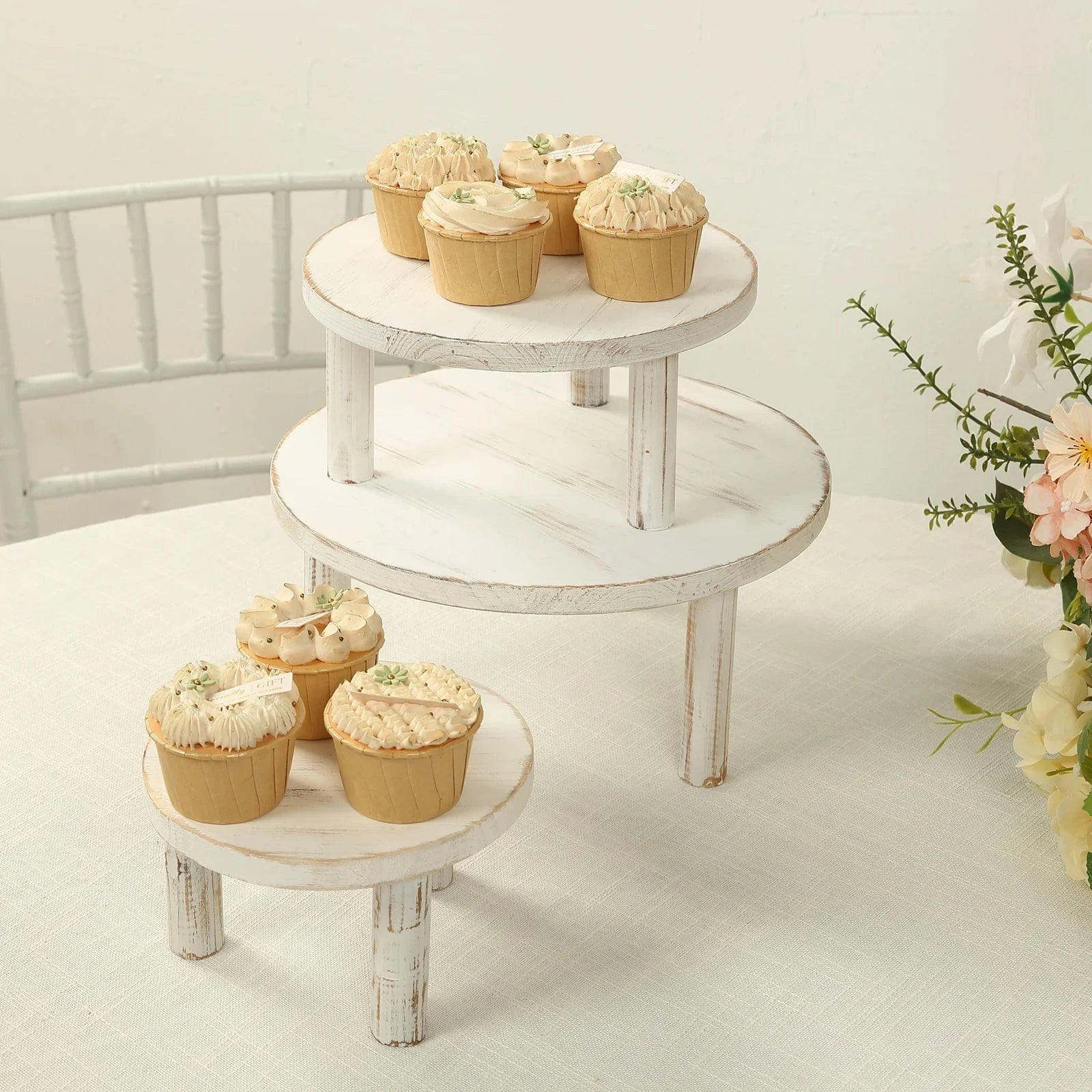 3 Whitewash Wooden Pedestal Cupcake Display Stands with Removable Legs