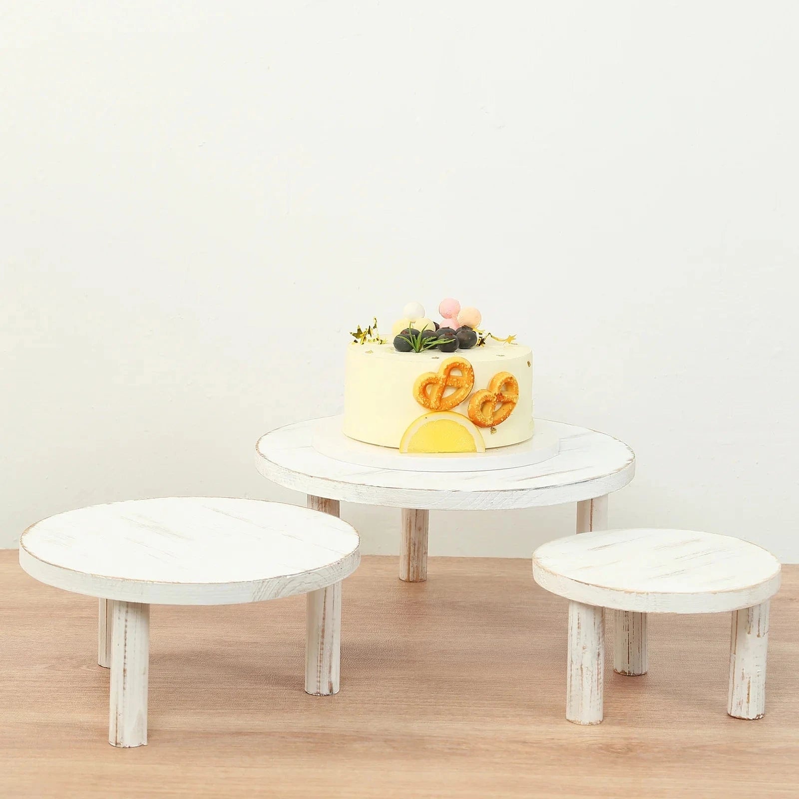 3 Whitewash Wooden Pedestal Cupcake Display Stands with Removable Legs