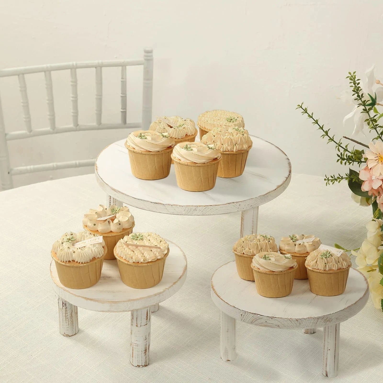 3 Whitewash Wooden Pedestal Cupcake Display Stands with Removable Legs