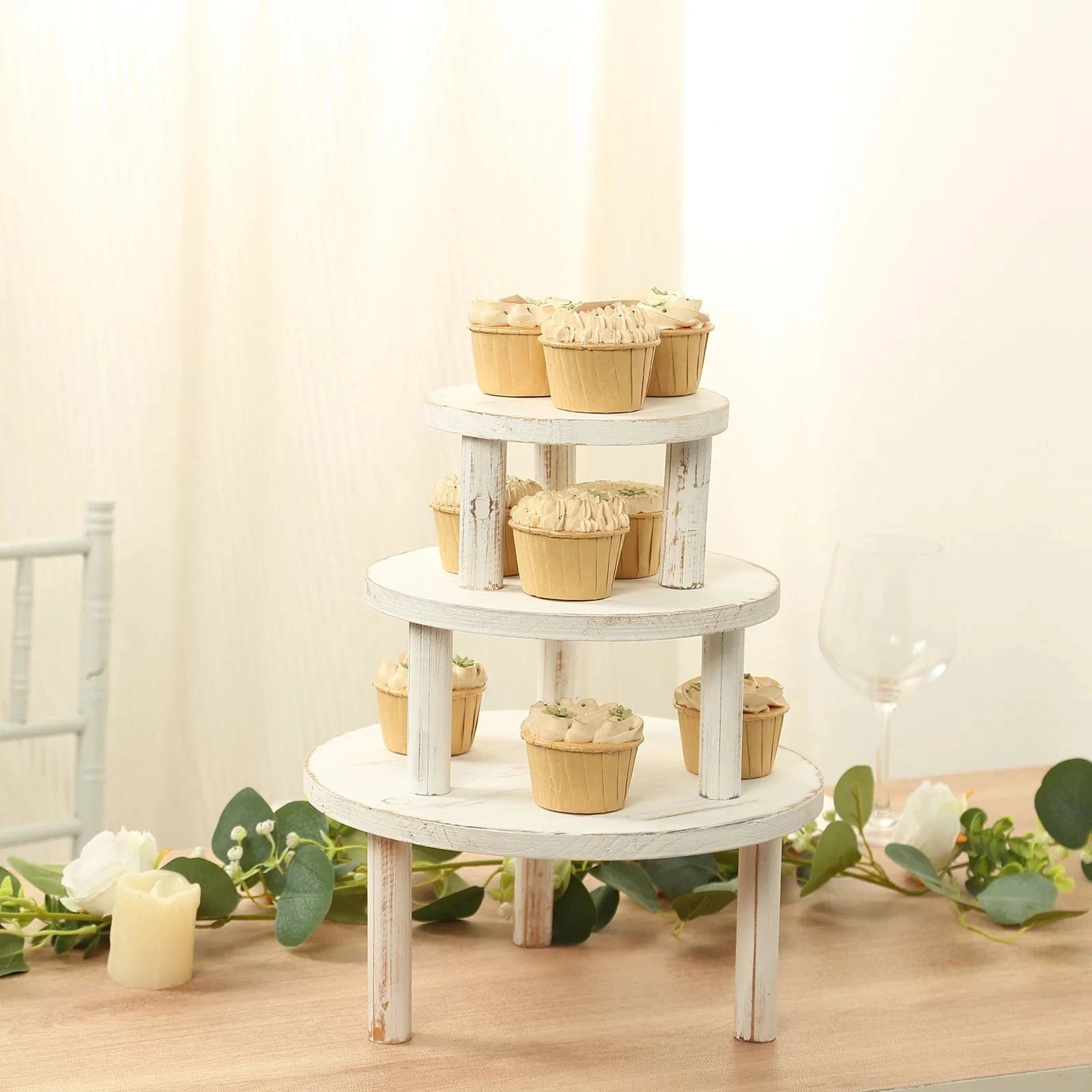 3 Whitewash Wooden Pedestal Cupcake Display Stands with Removable Legs