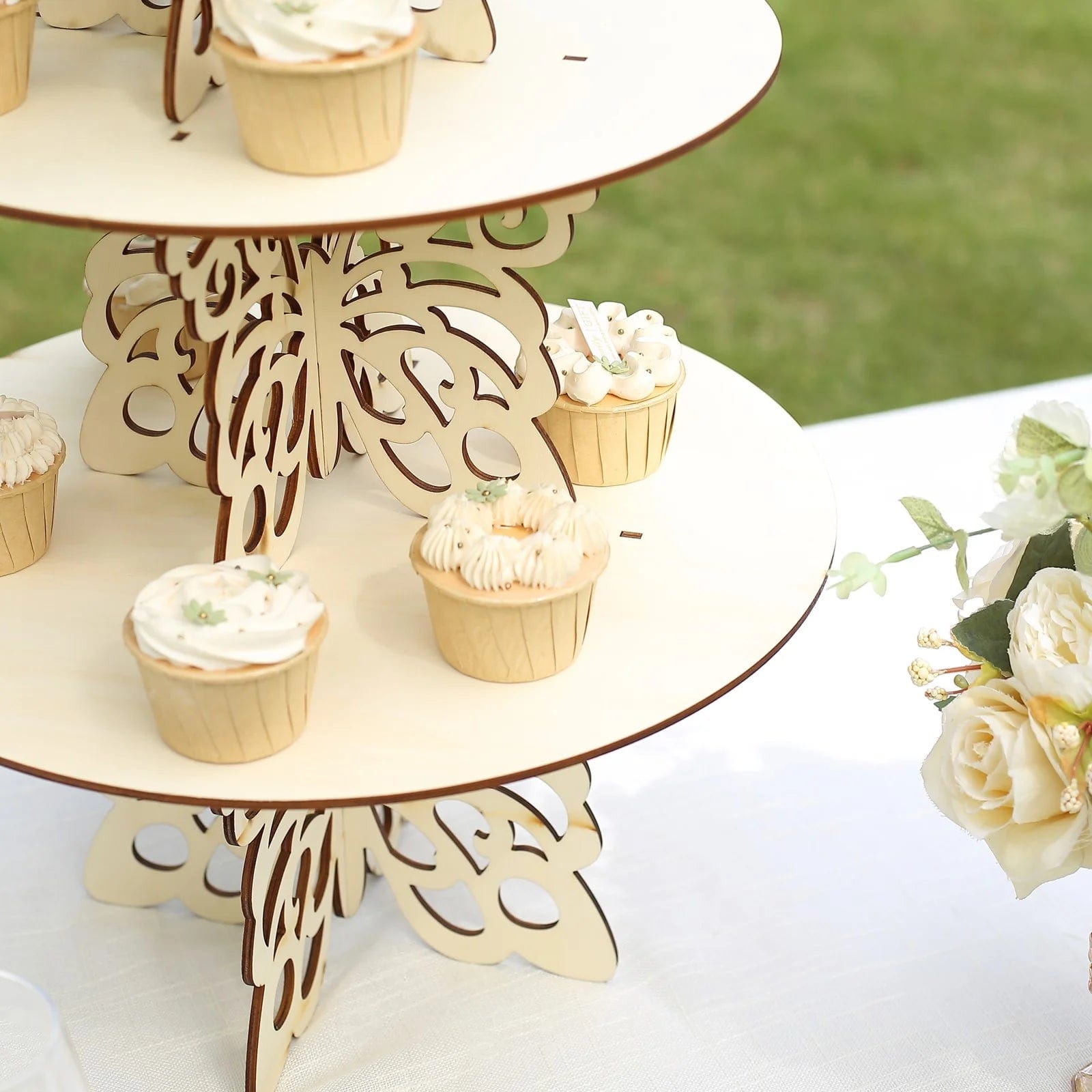 4 Natural Wooden Dessert Stand with Laser Cut Butterfly Design