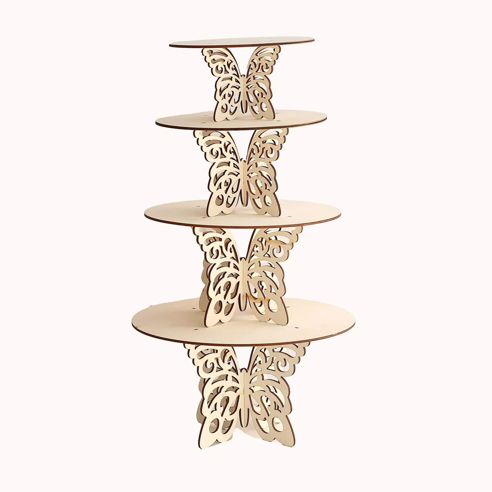 4 Natural Wooden Dessert Stand with Laser Cut Butterfly Design