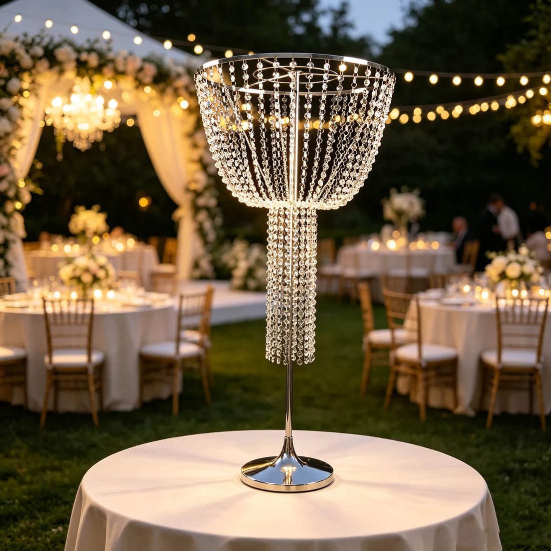 45 inch Silver Round Metal Goblet Flower Stand with Acrylic Crystal Bead Strands
