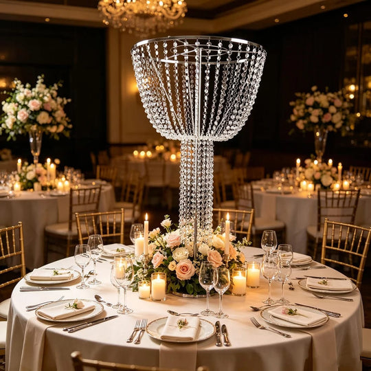 45 inch Silver Round Metal Goblet Flower Stand with Acrylic Crystal Bead Strands