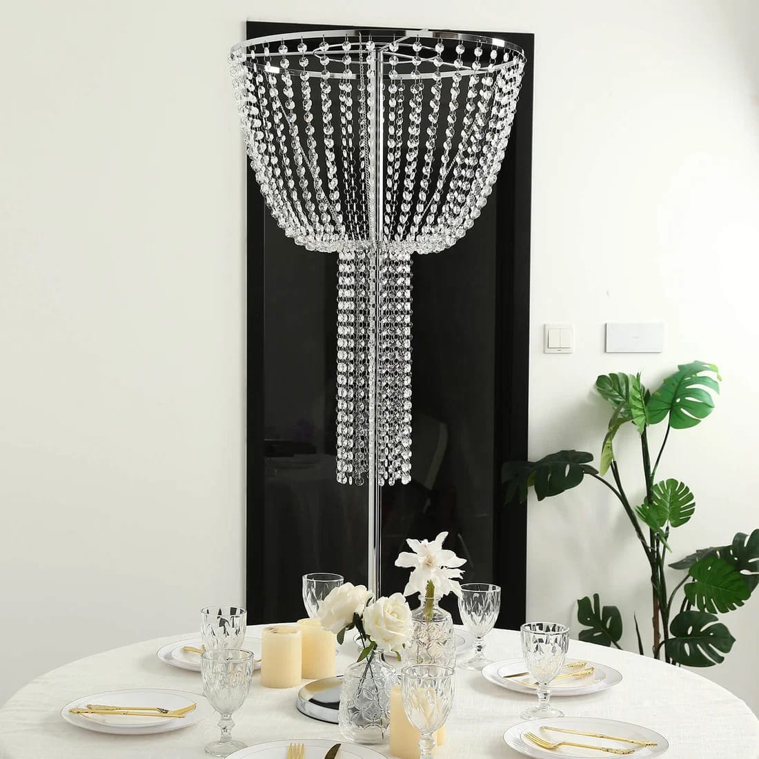 45 inch Silver Round Metal Goblet Flower Stand with Acrylic Crystal Bead Strands