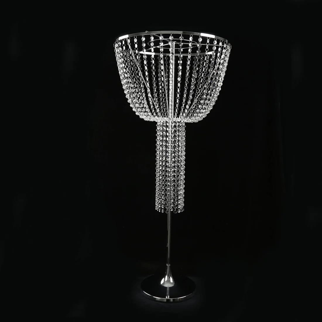45 inch Silver Round Metal Goblet Flower Stand with Acrylic Crystal Bead Strands