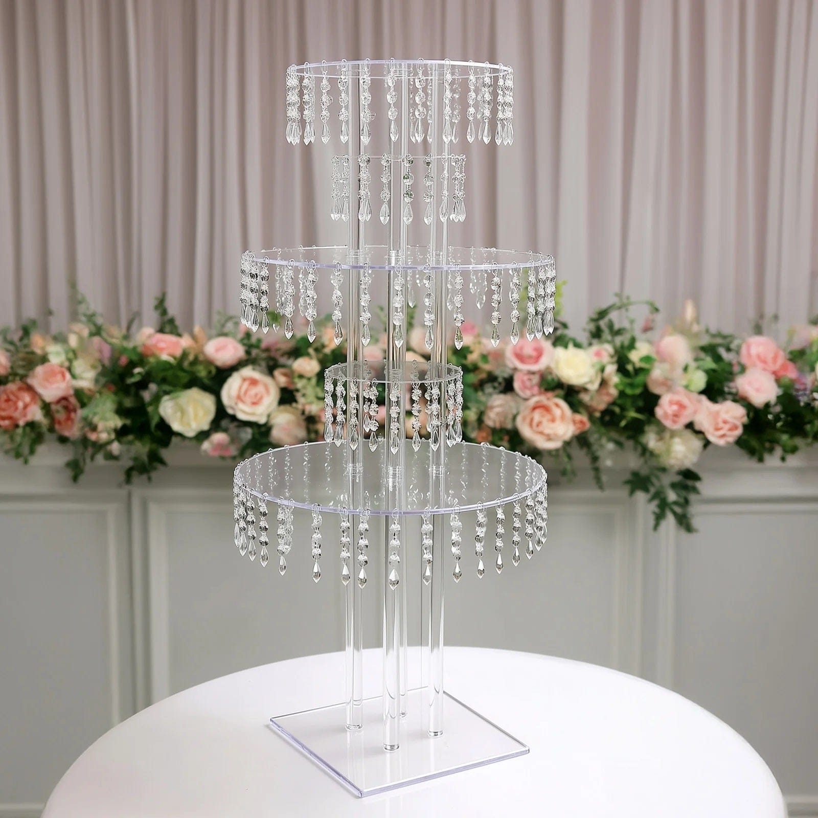 5-Tier Clear 39 in Acrylic Chandelier Flower Stand with Hanging Crystals