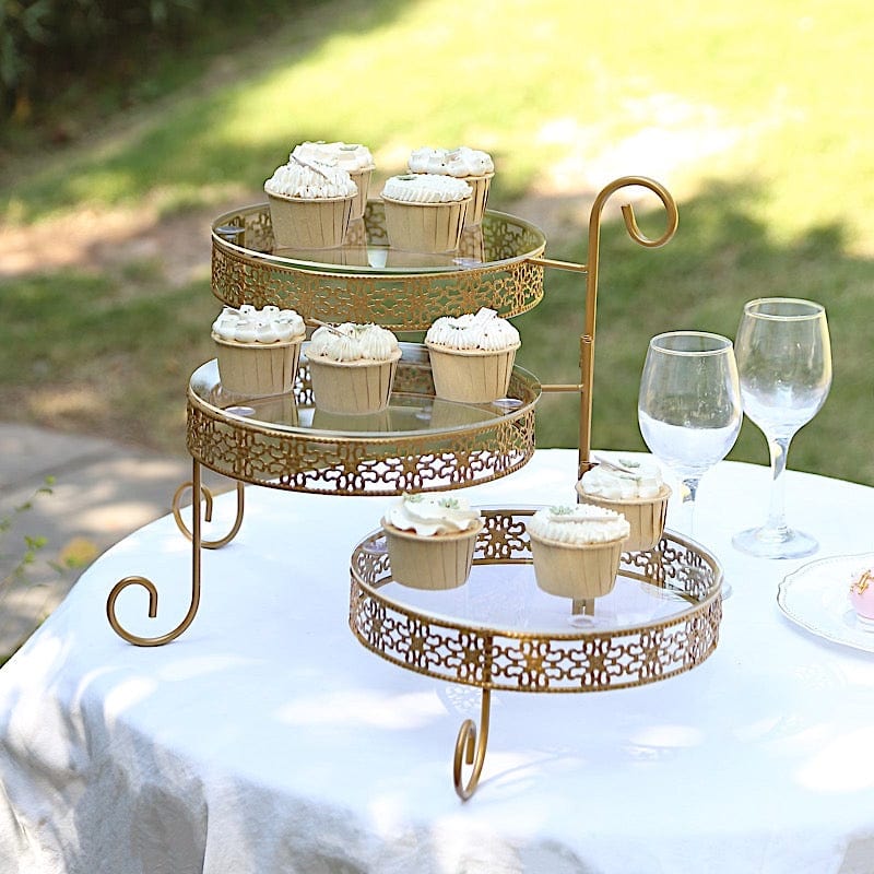 Gold 28 in Round 3-Tier Metal Rotating Cupcake Stand with Clear Acrylic Plates