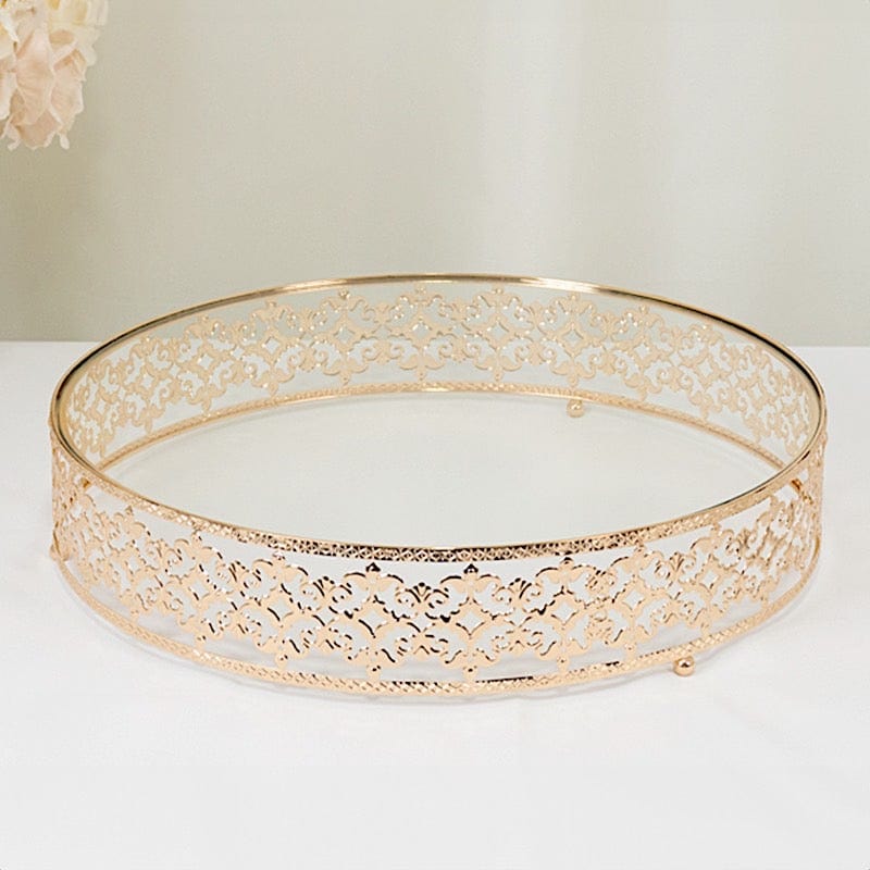 Gold and Clear 18 in Round Baroque Metal with Glass Cake Stand