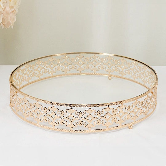 Gold and Clear 18 in Round Baroque Metal with Glass Cake Stand
