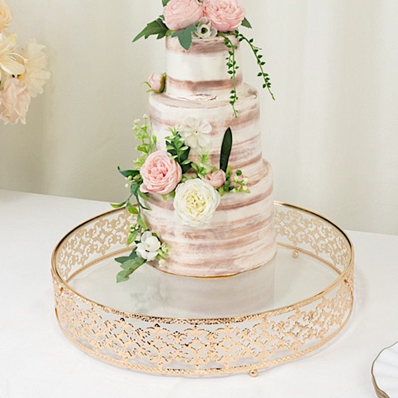 Gold and Clear 18 in Round Baroque Metal with Glass Cake Stand
