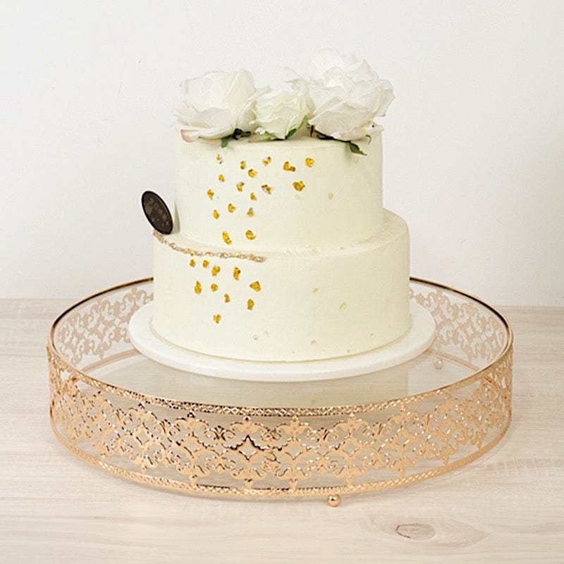 Gold and Clear 18 in Round Baroque Metal with Glass Cake Stand