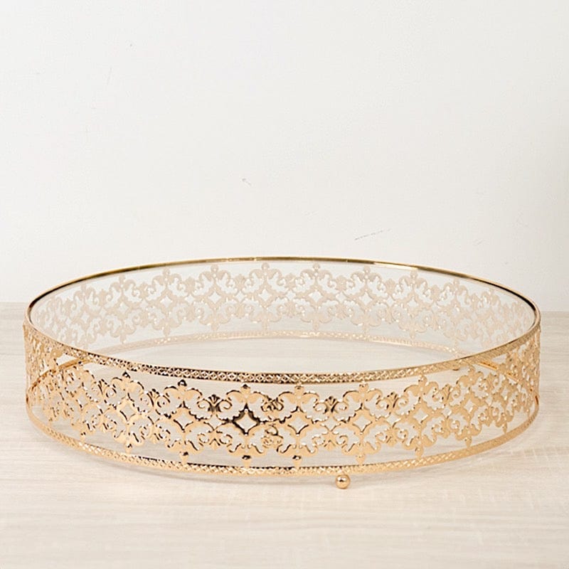 Gold and Clear 18 in Round Baroque Metal with Glass Cake Stand
