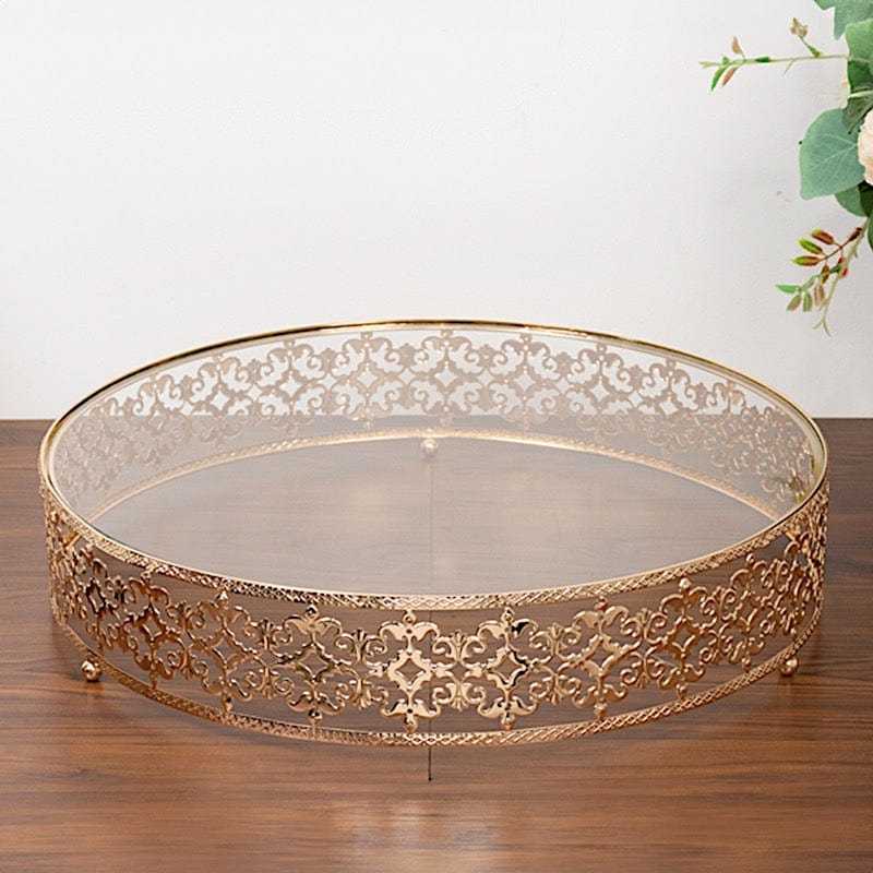 Gold and Clear 18 in Round Baroque Metal with Glass Cake Stand