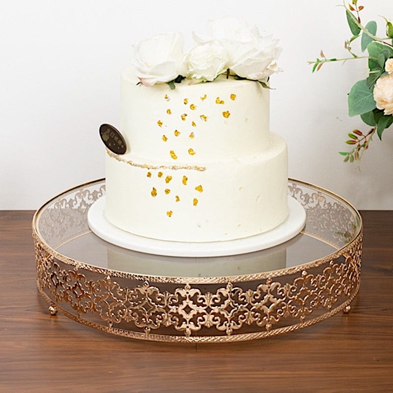 Gold and Clear 18 in Round Baroque Metal with Glass Cake Stand